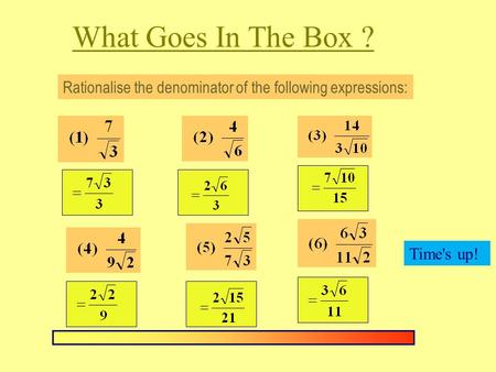 What Goes In The Box ? Rationalise the denominator of the following expressions: Time's up!