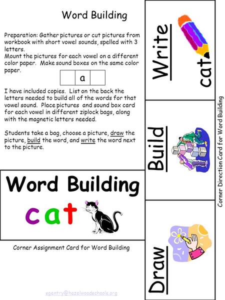Draw cat Write Build Word Building Preparation: Gather pictures or cut pictures from workbook with short vowel sounds, spelled with 3 letters. Mount the.