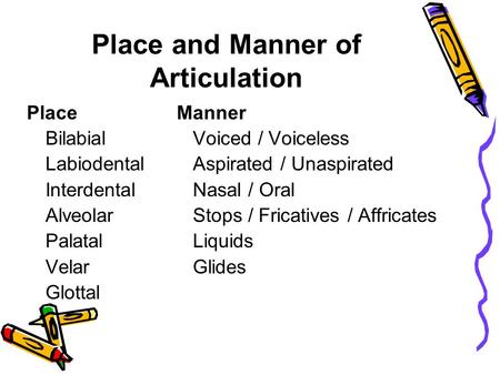 Place and Manner of Articulation Place Manner Bilabial Voiced / Voiceless Labiodental Aspirated / Unaspirated Interdental Nasal / Oral Alveolar Stops /