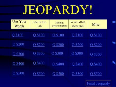JEOPARDY! Use Your Words Life in the Lab What’s that Measure? Making Measurements Q $100 Q $200 Q $300 Q $400 Q $500 Q $100 Q $200 Q $300 Q $400 Q $500.
