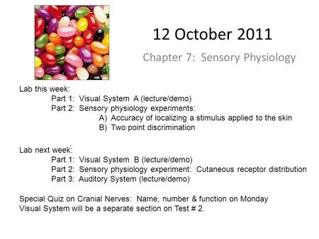 12 October 2011 Chapter 7: Sensory Physiology Lab this week: Part 1: Visual System A (lecture/demo) Part 2: Sensory physiology experiments: A)Accuracy.