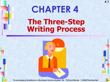 4.1 To accompany Excellence in Business Communication, 5e, Thill and Bovée © 2002 Prentice-Hall CHAPTER 4 The Three-Step Writing Process.