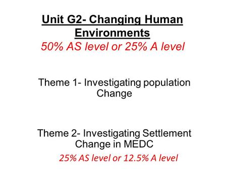Unit G2- Changing Human Environments 50% AS level or 25% A level Theme 1- Investigating population Change Theme 2- Investigating Settlement Change in MEDC.