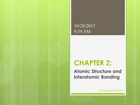 CHAPTER 2: Atomic Structure and Interatomic Bonding 10/28/2015 9:56 AM Dr. Mohammad Abuhaiba1.