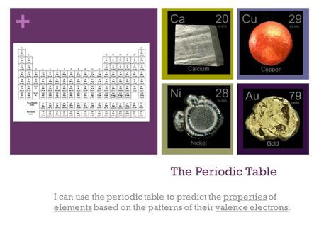 + The Periodic Table I can use the periodic table to predict the properties of elements based on the patterns of their valence electrons.