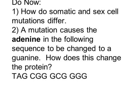 Do Now: 1) How do somatic and sex cell mutations differ. 2) A mutation causes the adenine in the following sequence to be changed to a guanine. How does.