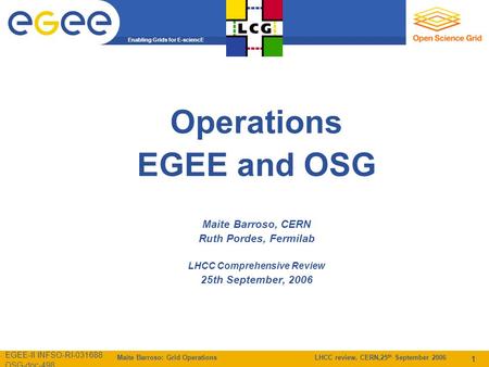 Enabling Grids for E-sciencE EGEE-II INFSO-RI-031688 OSG-doc-498 Maite Barroso: Grid Operations LHCC review, CERN,25 th September 2006 1 Operations EGEE.