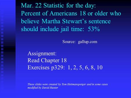Mar. 22 Statistic for the day: Percent of Americans 18 or older who believe Martha Stewart’s sentence should include jail time: 53% Assignment: Read Chapter.