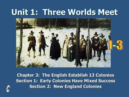 Unit 1: Three Worlds Meet Chapter 3: The English Establish 13 Colonies Section 1: Early Colonies Have Mixed Success Section 2: New England Colonies.