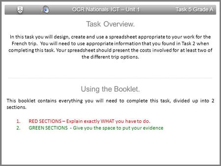 OCR Nationals ICT – Unit 1 Task 5 Grade A Task Overview. In this task you will design, create and use a spreadsheet appropriate to your work for the French.