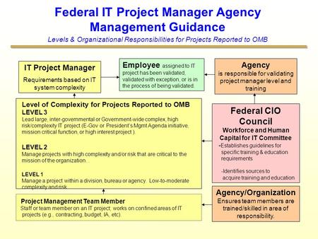 Federal IT Project Manager Agency Management Guidance Levels & Organizational Responsibilities for Projects Reported to OMB IT Project Manager Requirements.
