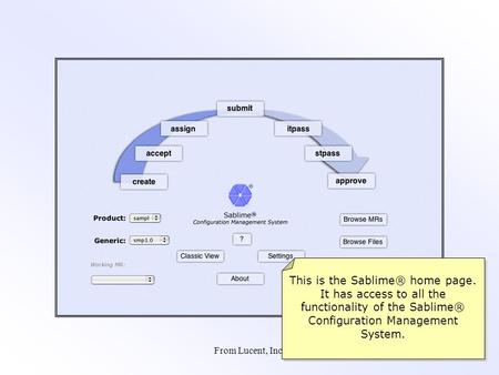 From Lucent, Inc. This is the Sablime® home page. It has access to all the functionality of the Sablime® Configuration Management System.