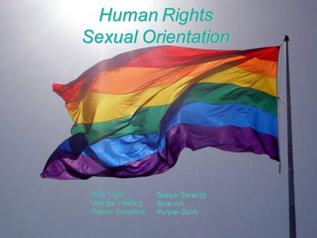 Human Rights Sexual Orientation Red- Light Orange- Healing Yellow- Sunshine Green- Serenity Blue- Art Purple- Spirit.