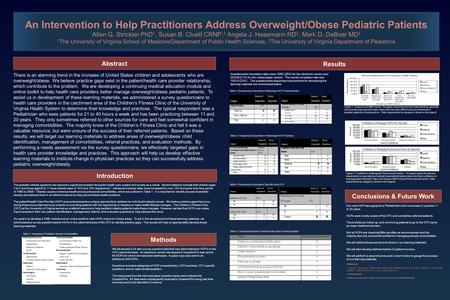 An Intervention to Help Practitioners Address Overweight/Obese Pediatric Patients Allen G. Strickler PhD 1, Susan B. Cluett CRNP, 2 Angela J. Hasemann.