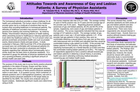 Attitudes Towards and Awareness of Gay and Lesbian Patients; A Survey of Physician Assistants M. Takaishi PA-S; P. Bunton MS, PA-C; R. Muma PhD, PA-C Department.