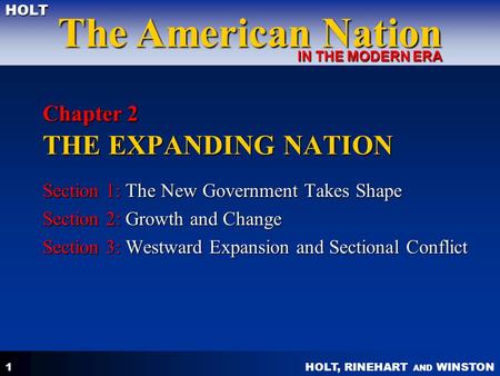 HOLT, RINEHART AND WINSTON The American Nation HOLT IN THE MODERN ERA 1 Chapter 2 THE EXPANDING NATION Section 1: The New Government Takes Shape Section.