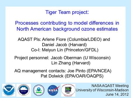 Tiger Team project : Processes contributing to model differences in North American background ozone estimates NASA AQAST Meeting University of Wisconsin-Madison.