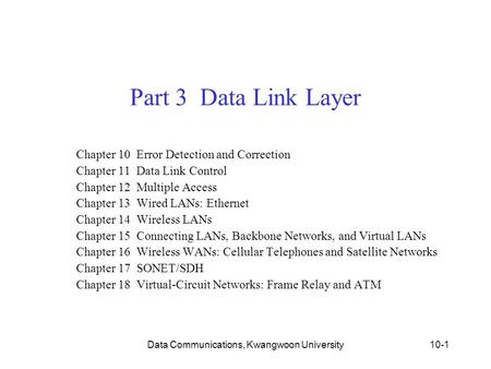Data Communications, Kwangwoon University10-1 Part 3 Data Link Layer Chapter 10 Error Detection and Correction Chapter 11 Data Link Control Chapter 12.