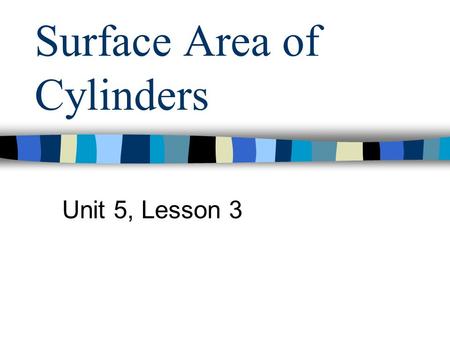 Surface Area of Cylinders Unit 5, Lesson 3. What is a Cylinder? Definition: –A three dimensional figure with 2 circular bases. Formula for Surface Area:
