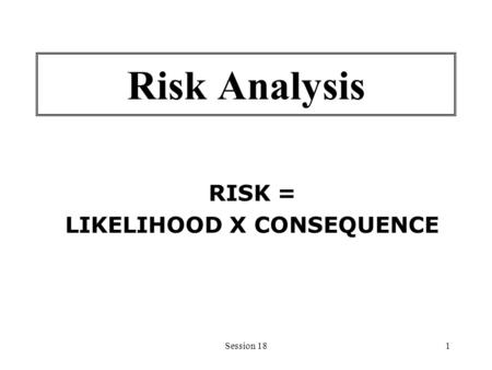 Session 181 Risk Analysis RISK = LIKELIHOOD X CONSEQUENCE.
