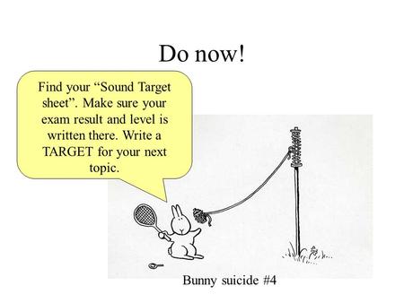 Do now! Find your “Sound Target sheet”. Make sure your exam result and level is written there. Write a TARGET for your next topic. Bunny suicide #4.