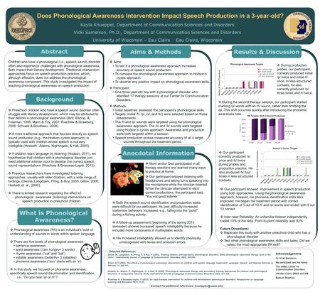 Does Phonological Awareness Intervention Impact Speech Production in a 3-year-old? Kayla Knueppel, Department of Communication Sciences and Disorders Vicki.