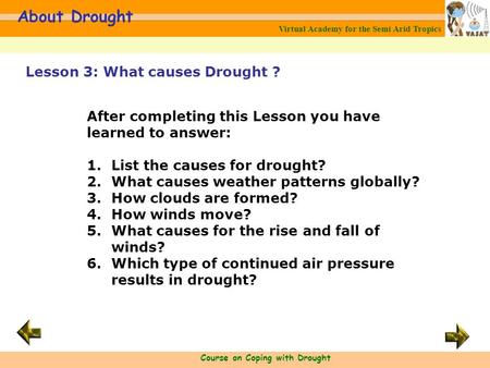 Virtual Academy for the Semi Arid Tropics Course on Coping with Drought About Drought After completing this Lesson you have learned to answer: 1.List the.