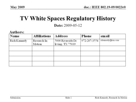 Doc.: IEEE 802.19-09/0023r0 Submission May 2009 Rich Kennedy, Research In MotionSlide 1 TV White Spaces Regulatory History Date: 2009-05-12 Authors: