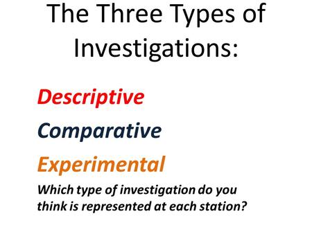 The Three Types of Investigations: Descriptive Comparative Experimental Which type of investigation do you think is represented at each station?