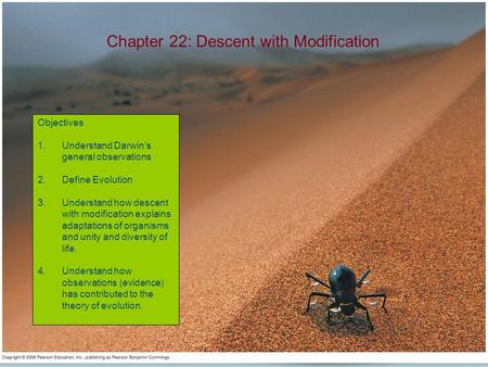 Chapter 22: Descent with Modification Objectives 1.Understand Darwin’s general observations 2.Define Evolution 3.Understand how descent with modification.