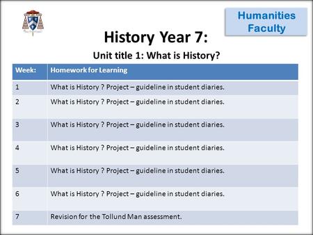 History Year 7: Humanities Faculty Week:Homework for Learning 1What is History ? Project – guideline in student diaries. 2 3 4 5 6 7Revision for the Tollund.