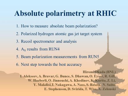 Absolute polarimetry at RHIC Hiromi Okada (BNL) I. Alekseev, A. Bravar, G. Bunce, S. Dhawan, O. Eyser, R. Gill, W. Haeberli, O. Jinnouchi, A. Khodinov,