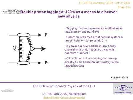 Double proton tagging at 420m as a means to discover new physics Brian Cox The Future of Forward Physics at the LHC 12 - 14 Dec 2004, Manchester glodwick.hep.man.ac.uk/conference.