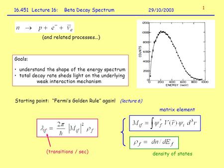 16.451 Lecture 16: Beta Decay Spectrum 29/10/2003 (and related processes...) Goals: understand the shape of the energy spectrum total decay rate sheds.