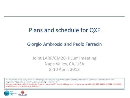 Plans and schedule for QXF Giorgio Ambrosio and Paolo Ferracin Joint LARP/CM20 HiLumi meeting Napa Valley, CA, USA 8-10 April, 2013 The HiLumi LHC Design.