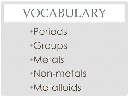 Vocabulary Periods Groups Metals Non-metals Metalloids.