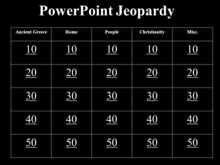 PowerPoint Jeopardy Ancient GreeceRomePeopleChristianityMisc. 10 20 30 40 50.