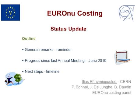 Status Update Outline  General remarks - reminder  Progress since last Annual Meeting – June 2010  Next steps - timeline EUROnu Costing Ilias Efthymiopoulos.