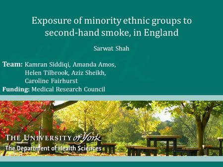 Exposure of minority ethnic groups to second-hand smoke, in England Sarwat Shah Team: Kamran Siddiqi, Amanda Amos, Helen Tilbrook, Aziz Sheikh, Caroline.