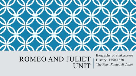 ROMEO AND JULIET UNIT Biography of Shakespeare History: 1550-1650 The Play: Romeo & Juliet.