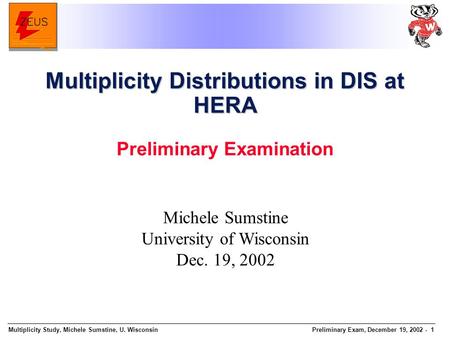 Multiplicity Study, Michele Sumstine, U. WisconsinPreliminary Exam, December 19, 2002 - 1 Michele Sumstine University of Wisconsin Dec. 19, 2002 Multiplicity.