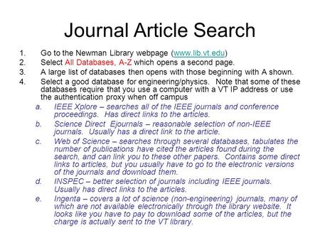 Journal Article Search 1.Go to the Newman Library webpage (www.lib.vt.edu)www.lib.vt.edu 2.Select All Databases, A-Z which opens a second page. 3.A large.
