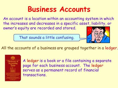 Business Accounts An account is a location within an accounting system in which the increases and decreases in a specific asset, liability, or owner’s.