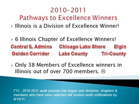 2010-2011 Pathways to Excellence Winners  Illinois is a Division of Excellence Winner!  6 Illinois Chapter of Excellence Winners!  Only 38 Members of.