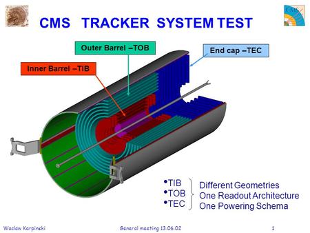 Waclaw Karpinski General meeting 13.06.021 CMS TRACKER SYSTEM TEST Outer Barrel –TOB Inner Barrel –TIB End cap –TEC TIB TOB TEC Different Geometries One.