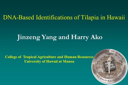 DNA-Based Identifications of Tilapia in Hawaii College of Tropical Agriculture and Human Resources University of Hawaii at Manoa Jinzeng Yang and Harry.