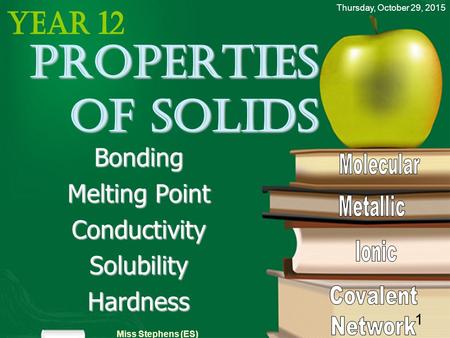 Thursday, October 29, 2015 Miss Stephens (ES) 1 Properties of solids Bonding Melting Point ConductivitySolubilityHardness.