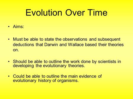 Evolution Over Time Aims: Must be able to state the observations and subsequent deductions that Darwin and Wallace based their theories on. Should be able.