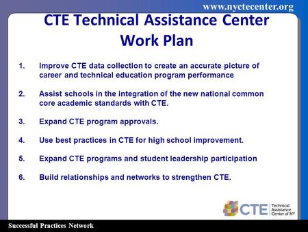 Successful Practices Network www.nyctecenter.org CTE Technical Assistance Center Work Plan 1.Improve CTE data collection to create an accurate picture.