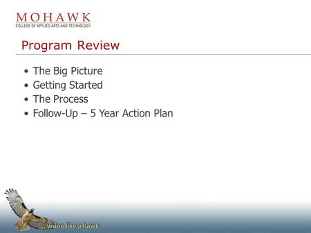 The Big Picture Getting Started The Process Follow-Up – 5 Year Action Plan Program Review.